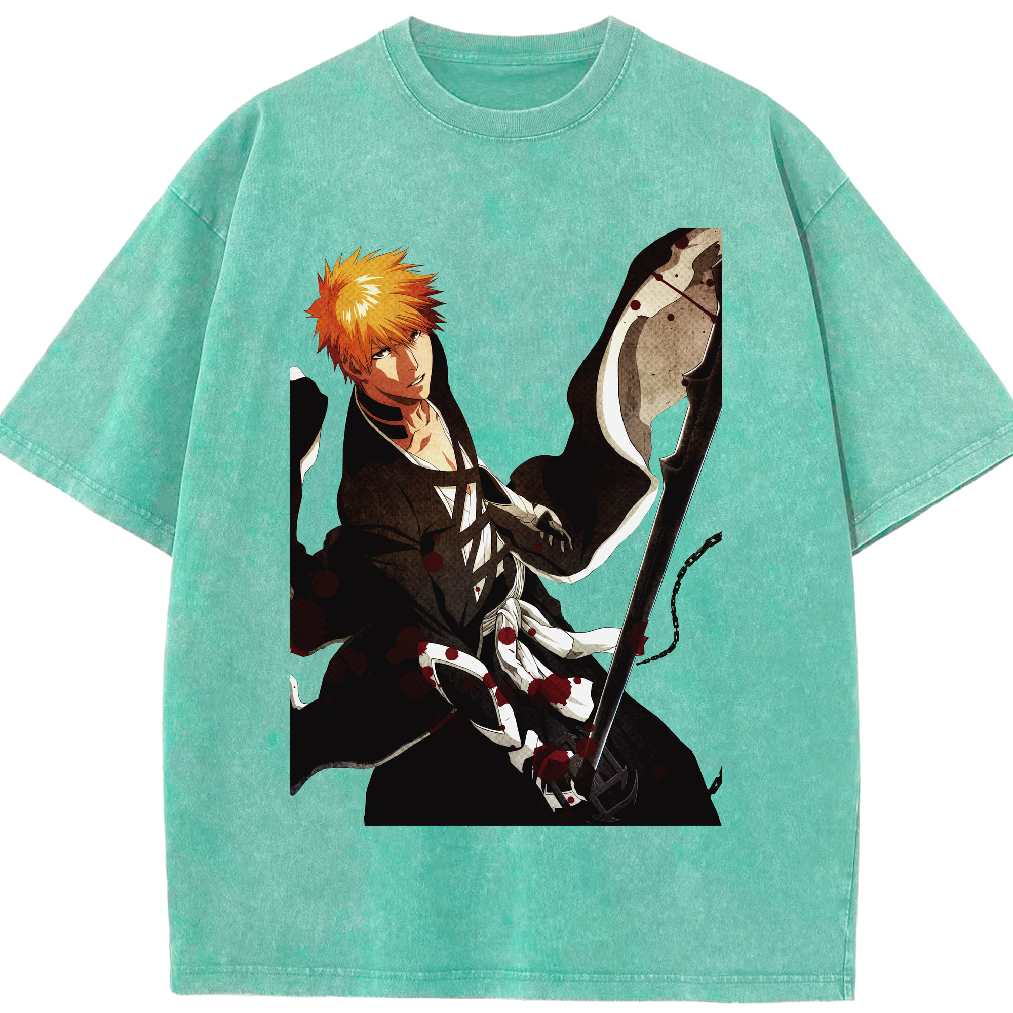 （画像用） ブリーチ 黒崎一護（くろさき いちご）BLEACH Kurosaki Ichigo 綿100% ヴィンテージ風 半袖Tシャツ（フロントプリント）